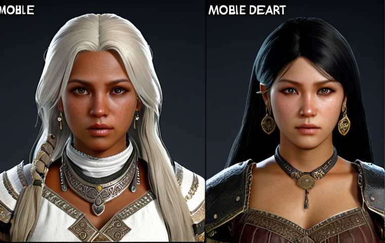 **
"Black Desert Mobile gameplay. Character customization screen. Detailed face, hair, clothes, and accessories."
**