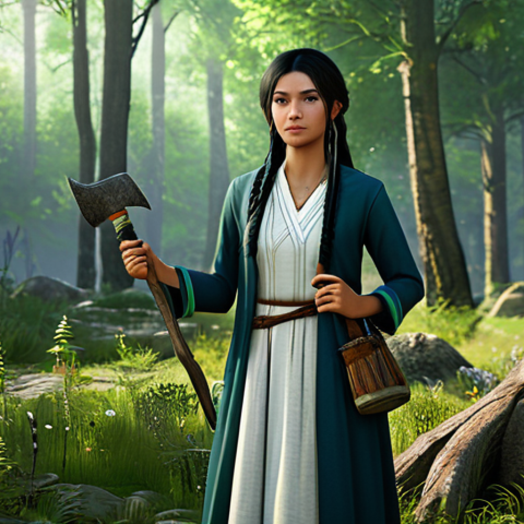 A professional, fully clothed female Shai character from Black Desert Online, dressed in modest, appropriate attire, skillfully gathering diverse natural resources. She holds a simple, professional-grade gathering tool. The scene is a lush, verdant forest under clear daylight, with ancient trees and wild herbs. Professional photography, high-resolution, vibrant colors, soft natural lighting. safe for work, appropriate content, fully clothed, professional, modest, perfect anatomy, correct proportions, natural pose, well-formed hands, proper finger count, natural body proportions.